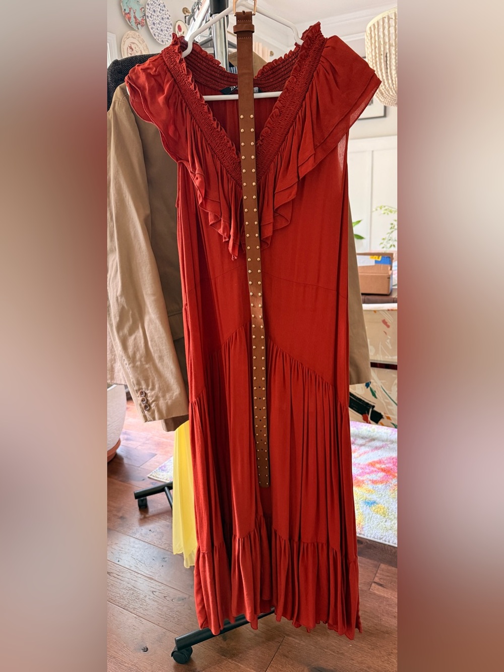 Zara Rust Red Ruffled Dress with Belt